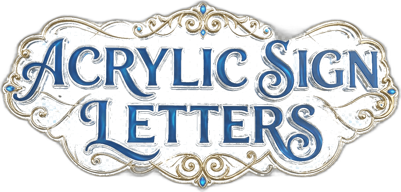 Emblema de letras de acrílico azul cristal con filigrana dorada